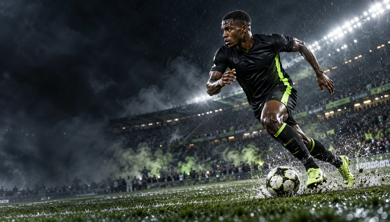 Atleta fictício acelerando com a bola num estádio noturno, em imagem editorial criada para ScoreBet